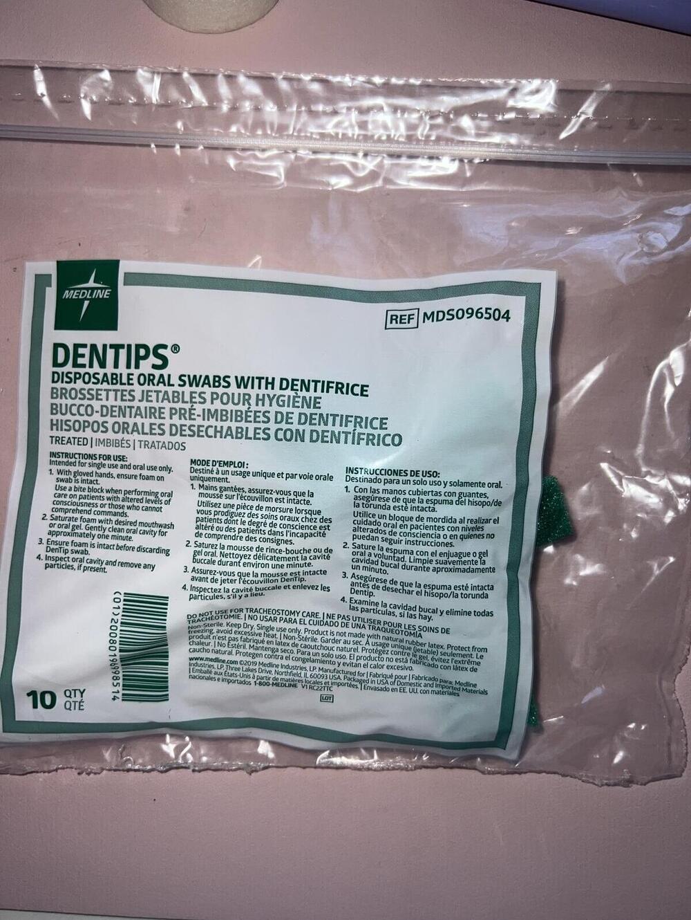 Medline Dentips Disposable Oral Swabs with Dentifrice - 5 Bags of 10 Swabs New